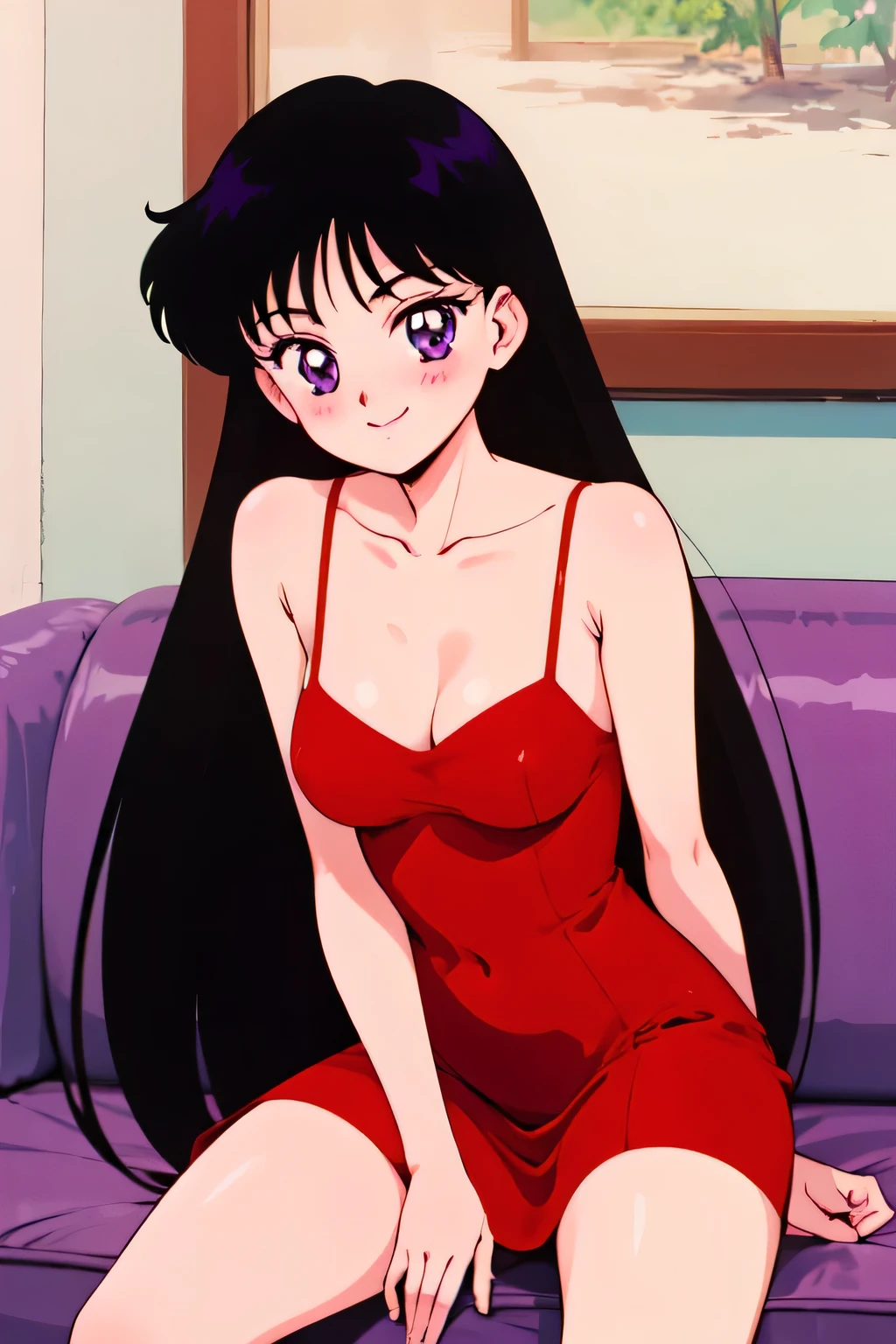 1990s \(style\), Best quality, masterpiece, Teenager, Rei Hino, Long black hair, purple eyes, Smile, Bare Neck, Bare Arms, Bare Shoulders, red dress, taut dress, spaghetti strap red skin tight dress, sleeveless, medium breast, sitting on a pink couch, blush, looking at viewer, indoor, in the center