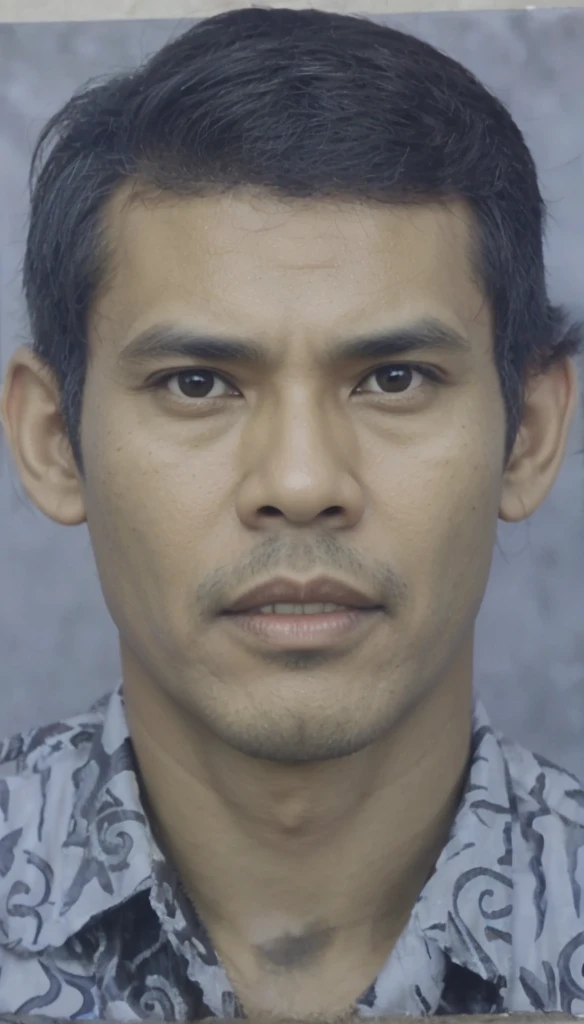 Malay male, 50 years old, oval face, forward looking, black hair, gray batik motif shirt, looks very real and natural, hyperrealistic, sufficient lighting 