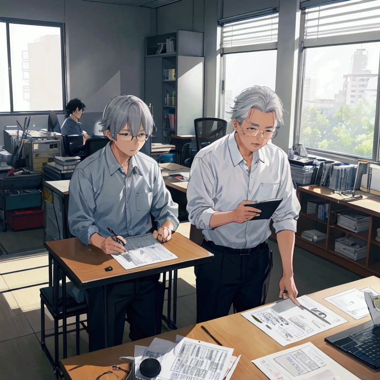 Grey haired old man。Depicts a scene in which Keiichi Tanaka is working closely with a financial advisor to create presentation materials.。Tanaka&#39;s desk is spread out with documents and a laptop.、In the background, a whiteboard lists the uniqueness of the company&#39;s technology and key points regarding environmental protection.。Tanaka looked at the documents with a serious expression.、The image depicts the team planning their strategy with enthusiasm and confidence.。The sunlight coming through the office window、It symbolizes his determination and hope for the future.。