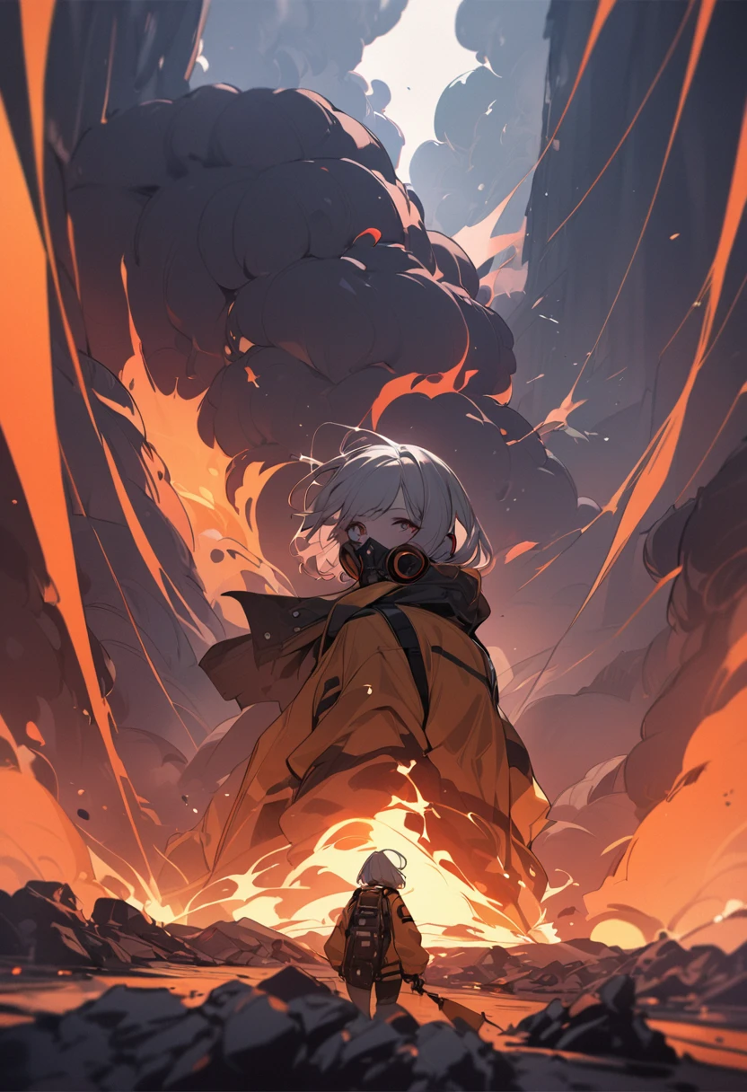 Woman wearing gas mask、Wearing protective clothing。danger zone、Near the volcano、Gas is boiling、((masterpiece,Highest quality)),One girl,Beautiful attention to detail,Short Hair、Dynamic composition