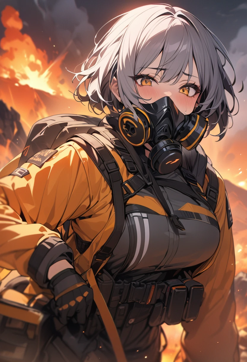Woman wearing gas mask、Wearing protective clothing。danger zone、Near the volcano、Gas is boiling、((masterpiece,Highest quality)),One girl,Beautiful attention to detail,Short Hair、Dynamic composition