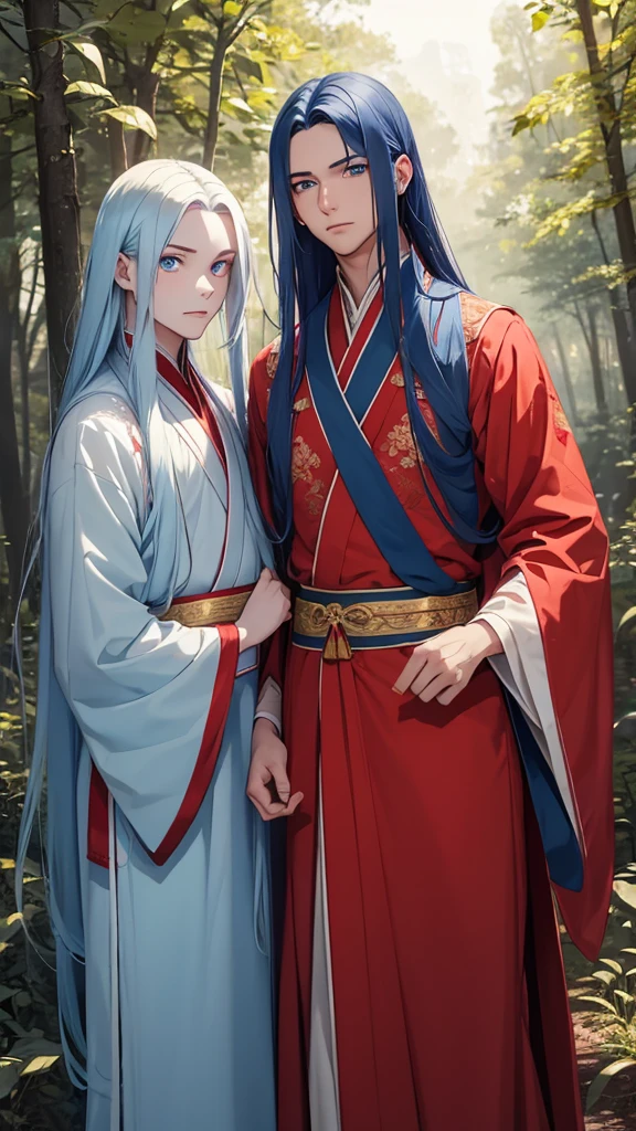2 young men, without a beard, long blue hair, long red hair, blue eyes, Red eyes, White skin, Blue clothes, red clothes, China, Hanfu, In the woods