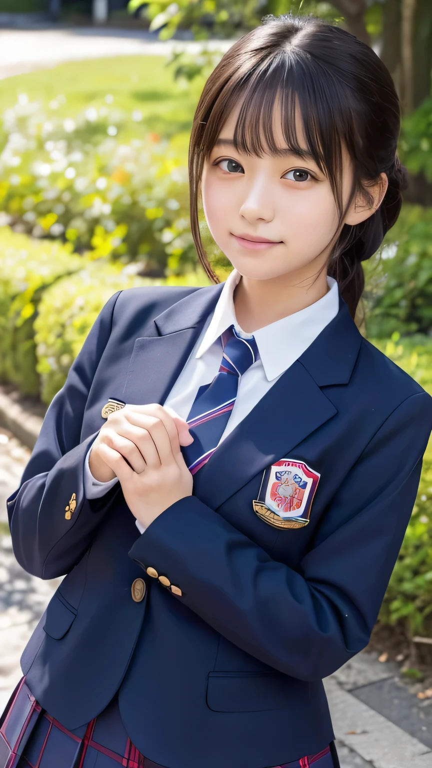 (masterpiece:1.2), Japanese, (18 years old), (((a girl))), (school blazer uniform), collared shirt, outdoor, plump, sunshine,