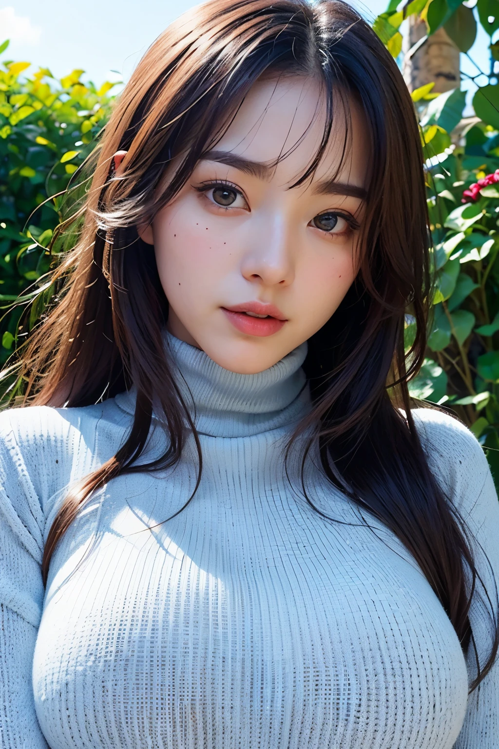 (Highest quality, 8k, 32K, masterpiece, Ultra-high resolution:1.2),
((Face close-up:1.4))、Portraiture、
Cute Japanese Girl, (Huge breasts:1.3), Long black hair, bangs, Bulging lips、
(White turtleneck sweater), Tight waist, (Outdoor, garden, blue sky),