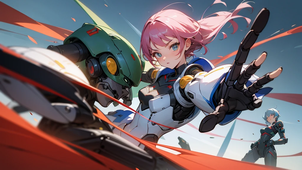 Robot anime style, finely drawn background, robot battle, beautiful 20 year old woman and some friends,
