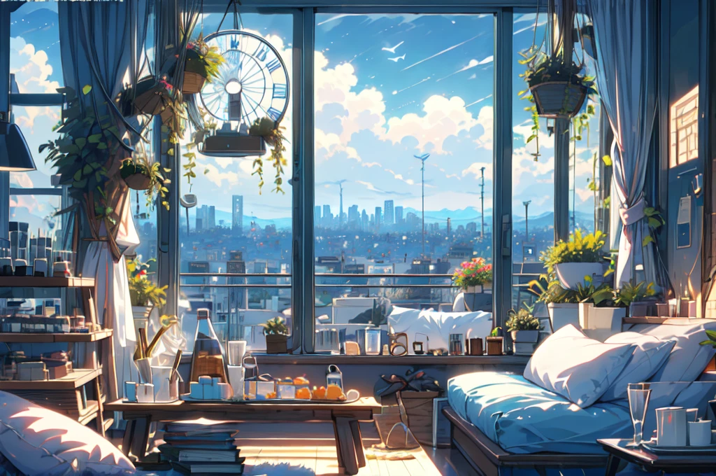 (masterpiece:1.2), highest quality,Pixiv,Pleasant animation scenes,room,in room,house,
scenery, cityscape, city, nullscraper, building, window, cloud, food, indoor, computer, Book,table, clock,No humans, Chair, cake, monitor, cup, dish, nullline, Lie in
