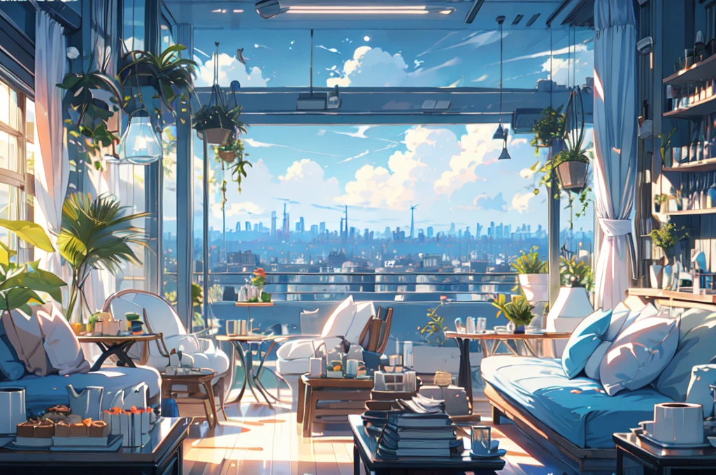 (masterpiece:1.2), highest quality,Pixiv,Pleasant animation scenes,room,in room,house,
scenery, cityscape, city, nullscraper, building, window, cloud, food, indoor, computer, Book,table, clock,No humans, Chair, cake, monitor, cup, dish, nullline, Lie in