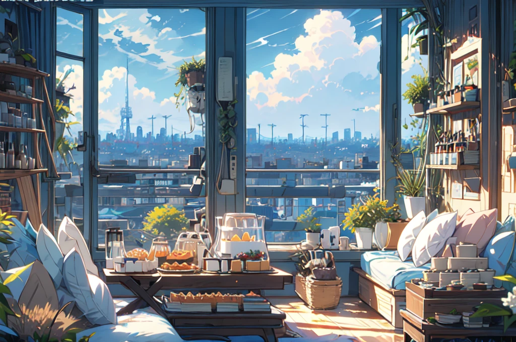 (masterpiece:1.2), highest quality,Pixiv,Pleasant animation scenes,room,in room,house,
scenery, cityscape, city, nullscraper, building, window, cloud, food, indoor, computer, Book,table, clock,No humans, Chair, cake, monitor, cup, dish, nullline, Lie in