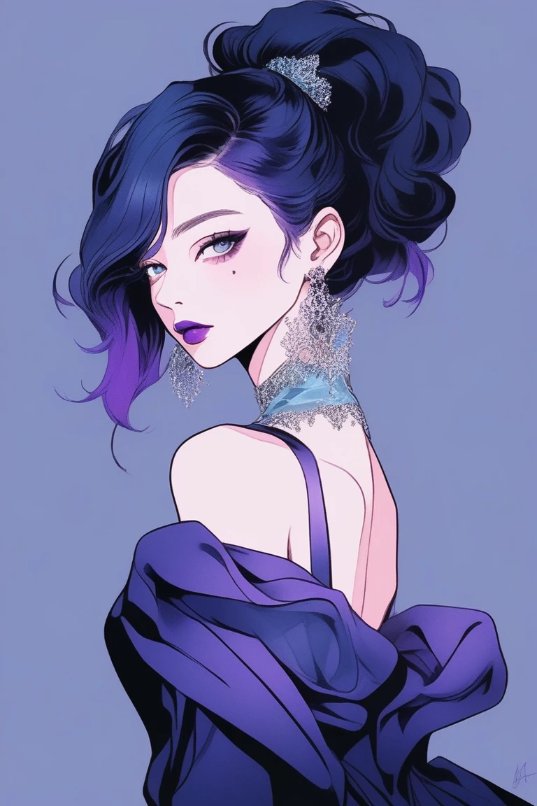 (best quality, sketch:1.2),realistic,illustrator,anime,1 girl, detailed lips,custom, bad women, details, black and  aquamarine gradient background,neon hair,textured cropping, masterpiece, style retro classic, [a close up of women dummy, sexy dress, silk dress, mercury dress, astral dress, beautiful silky dress, sexy gown, dark dress, dark purple garments, revealing stylish dress, dark astral dress, soft silk dress, elegant dark blue dress, stylish dark dress, airbrush dark dress, fantasy dress, baroque dress, extravagant dress] (photo portrait)