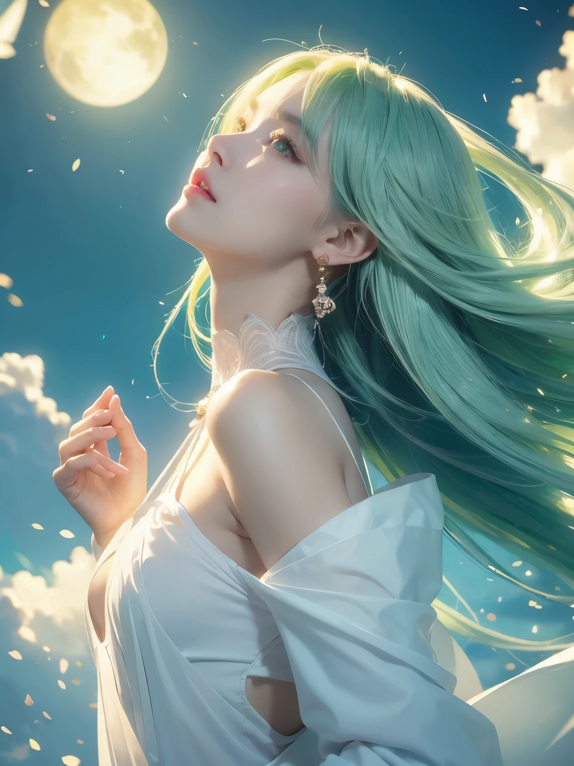 long bright light green-colored hair, beautiful white-colored translucent skin, slendar figure, , slightly tall, small mouth, closing mouth a little, small nose, smooth shaped jawline, slightly slanted eyes expression, glossy face, realistic figure, heavy makeup like an Anime character, wearing vivid cosplay-costume like an Anime character, costumes does'nt expose much skin, just a little bit opened at the chest, wearing gorgeous earrings, posing looks likes Anime character who praying someone, close-up shoot, angle looking up from below