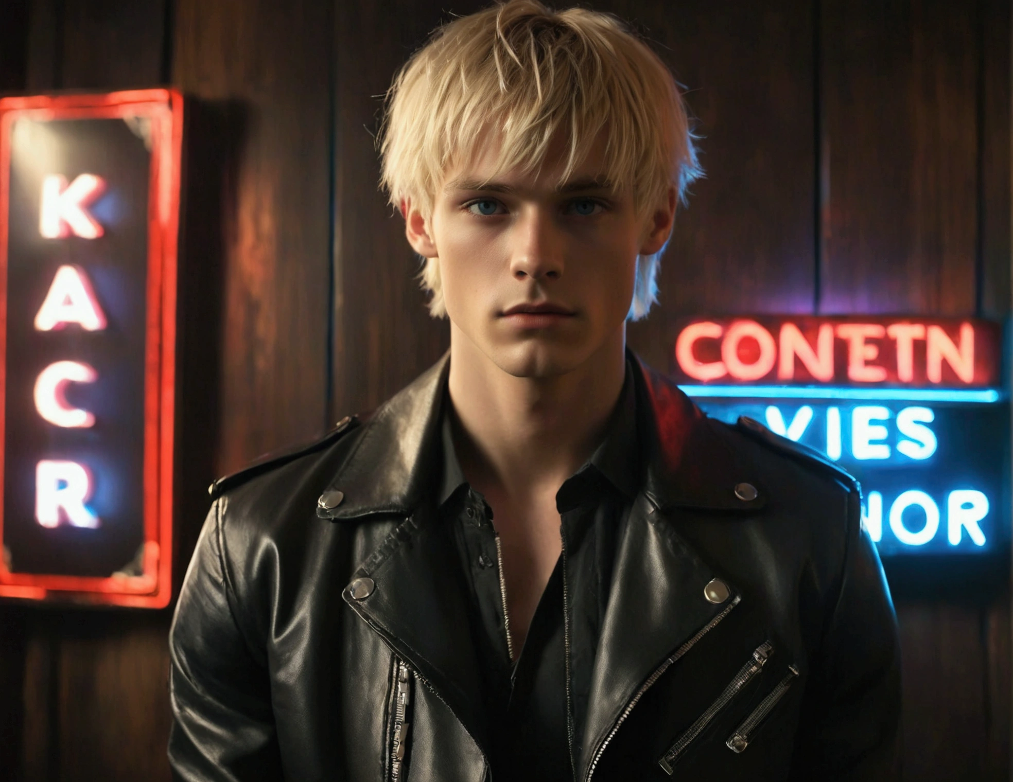 Hyper realistic, dark vibes, solo, young male fashion model, boyish, 22 years, pale skin, blue eyes, (short textured blond hair:1.1), layered bangs, black leather jacket, dark lighting, in luxury strip club room, (smirk:1.1), (holding a knife up:1.1), (neon sign in background that says "CONTEXT":1.1)