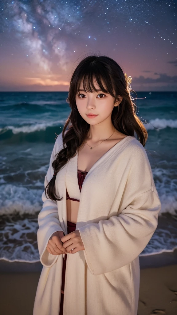 Beautiful woman watching the stars on the beach at night and the sound of waves ,One girl,Nahida_Genshin Impact, Cruciform pupil