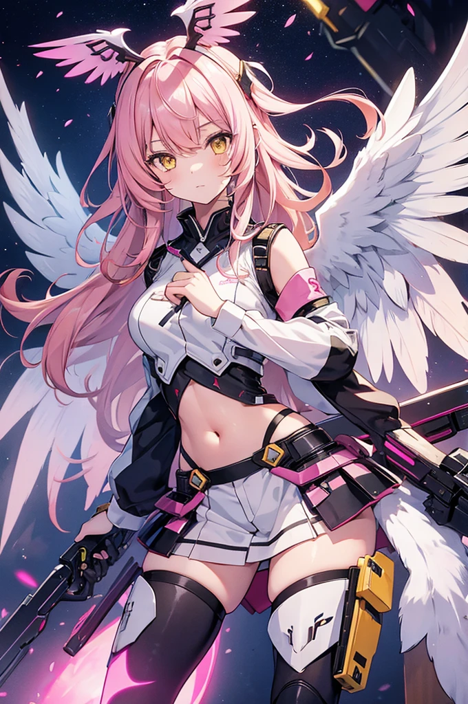 1girl, solo, long hair, thighhighs, navel, yellow eyes, pink hair, wings, mecha musume, mechanical wings