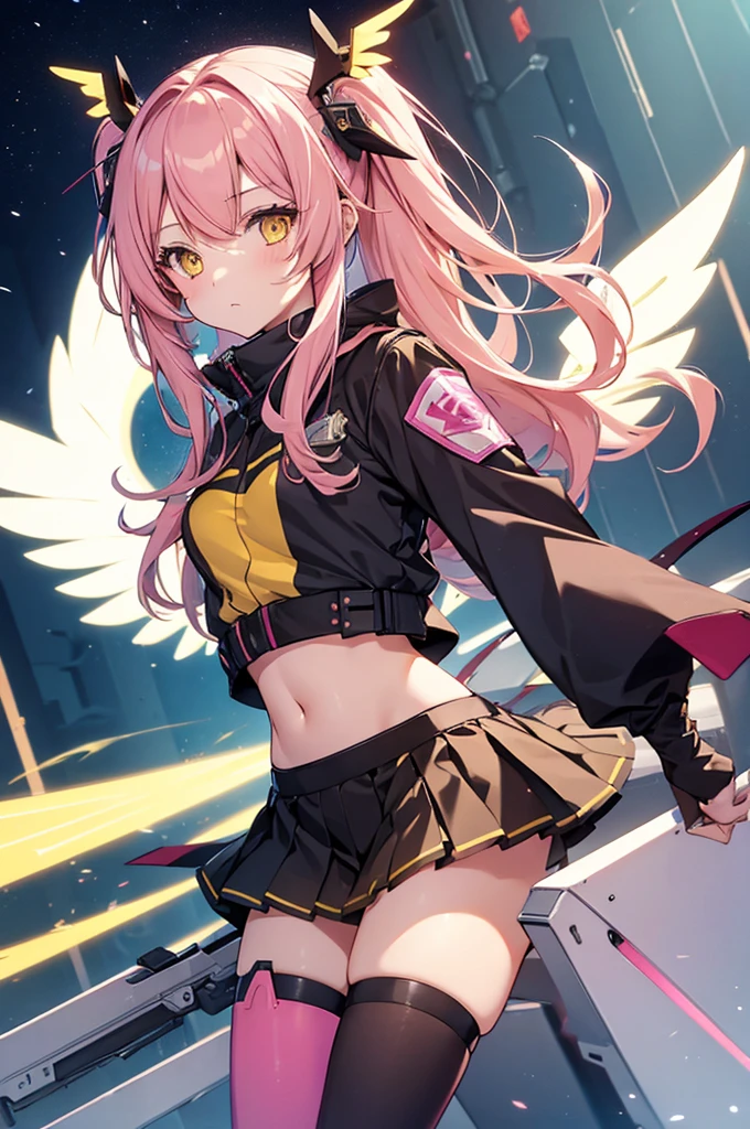1girl, solo, long hair, thighhighs, navel, yellow eyes, pink hair, wings, mecha musume, mechanical wings