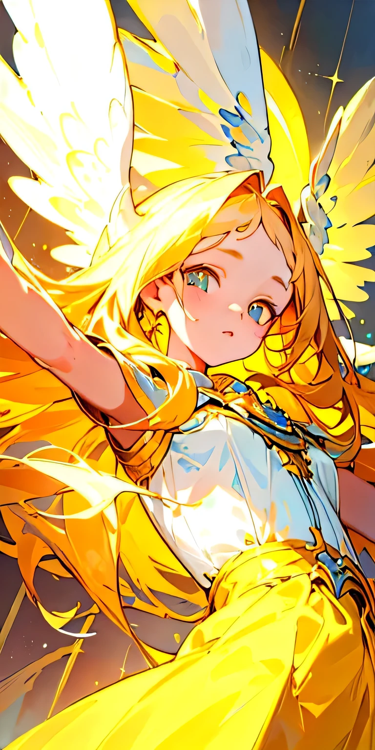 (detailed beautiful eyes and detailed face, masterpiece side light, masterpiece, Highest quality, detailed, High resolution illustrations), beautiful girl angel god々Successfully Shining brightly Yellow as the main color Glittering whole body front With open arms