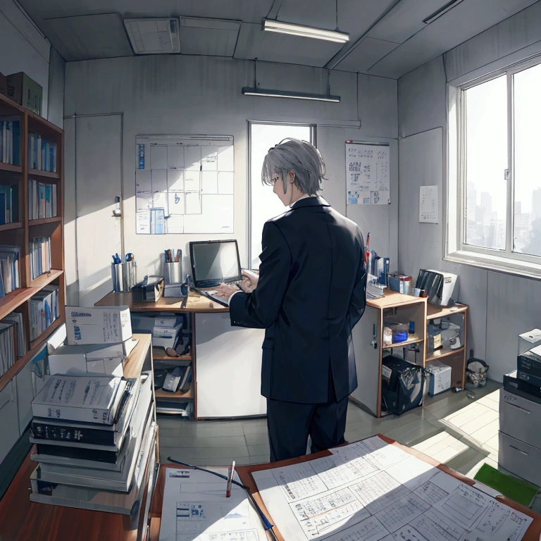 Grey haired old man。Depicts a scene in which Keiichi Tanaka is working closely with a financial advisor to create presentation materials.。Tanaka's desk is spread out with documents and a laptop.、In the background, a whiteboard lists the uniqueness of the company's technology and key points regarding environmental protection.。Tanaka looked at the documents with a serious expression.、The image depicts the team planning their strategy with enthusiasm and confidence.。The sunlight coming through the office window、It symbolizes his determination and hope for the future.。