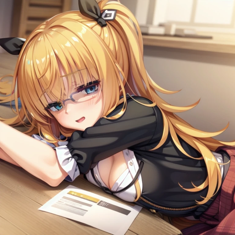 (Tabletop:1.0), (highest quality:1.4), (High resolution:1.2), From the side,Sharp contours,  boyish, highest quality, masterpiece,Glasses,Voice of the Heart,20-year-old woman,yandere,Big Breasts,Chest to chest,Lying face down,Upper Body,Ecstasy,blush,Squint your eyes,Heterochromia iridis,Tuck up your clothes,lure