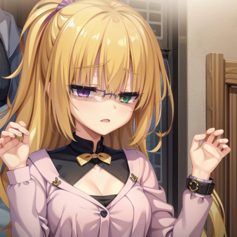 (Tabletop:1.0), (highest quality:1.4), (High resolution:1.2), From the side,Sharp contours,  boyish, highest quality, masterpiece,Glasses,Voice of the Heart,20-year-old woman,yandere,Big Breasts,Chest to chest,Lying face down,Upper Body,Ecstasy,blush,Squint your eyes,Heterochromia iridis,Tuck up your clothes,lure