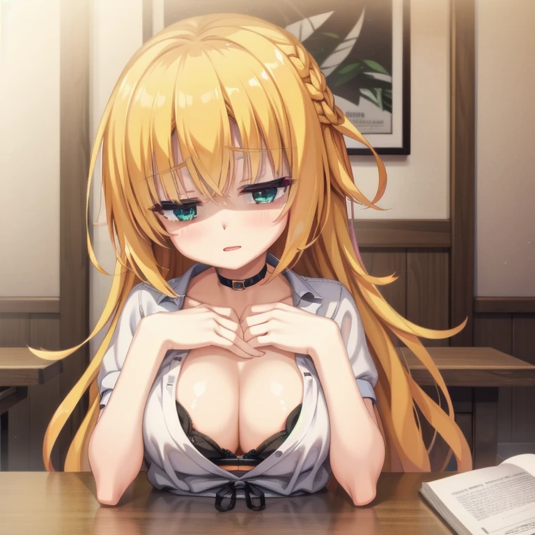 (Tabletop:1.0), (highest quality:1.4), (High resolution:1.2), From the side,Sharp contours,  boyish, highest quality, masterpiece,Glasses,Voice of the Heart,20-year-old woman,yandere,Big Breasts,Chest to chest,Lying face down,Upper Body,Ecstasy,blush,Squint your eyes,Heterochromia iridis,Tuck up your clothes,lure