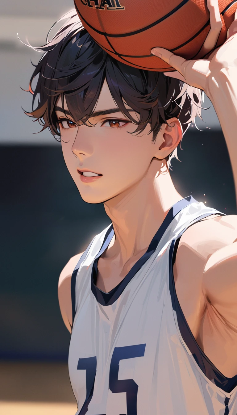 super detail, best quality, a man, Playing basketball, university student