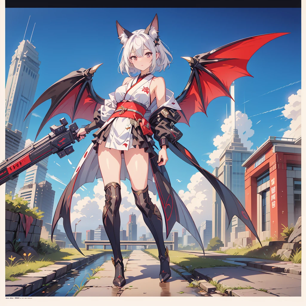 (masterpiece, Highest quality), (Perfect athletic body:1.2), (Fine hair), 非常にdetailedな, Anime Style, whole body, alone, Cyberpunk Batgirl, In Cyber Kimono, Big Wings, bat ears, White hair and brown skin, high boots, Standing in the Wilderness, High heel boots, 8K high resolution, White Background, whole body,Super huge、detailed、dynamic、
