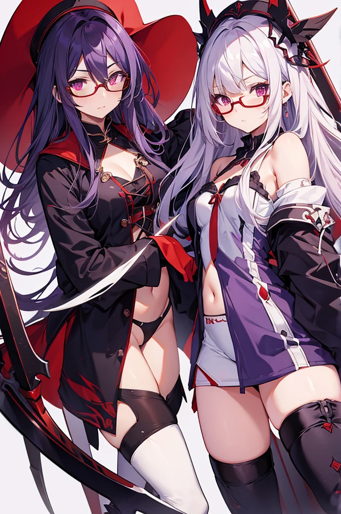 long hair, breasts, looking at viewer, multiple girls, red eyes, thighhighs, white background, navel, 2girls, underwear, purple eyes, weapon, white hair, boots, glasses, flat chest, polearm, spear, bonnet, lance