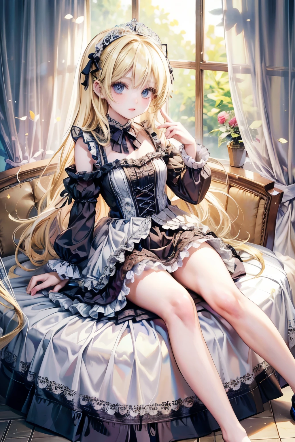 masterpiece,Highest quality,Very detailed,beautiful girl,Gothic ta Dress, teen, (full body),Blonde,Perfect Face,Beautiful and detailed eyes,Beautiful Skin,skinny,Dynamic,palace,