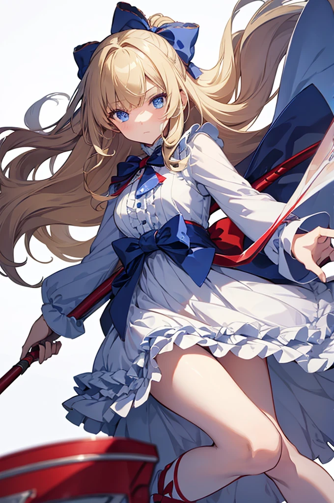 1girl, solo, long hair, bangs, blue eyes, blonde hair, white background, dress, bow, ribbon, holding, full body, weapon, hair bow, frills, holding weapon, frilled dress, staff, red footwear, holding staff