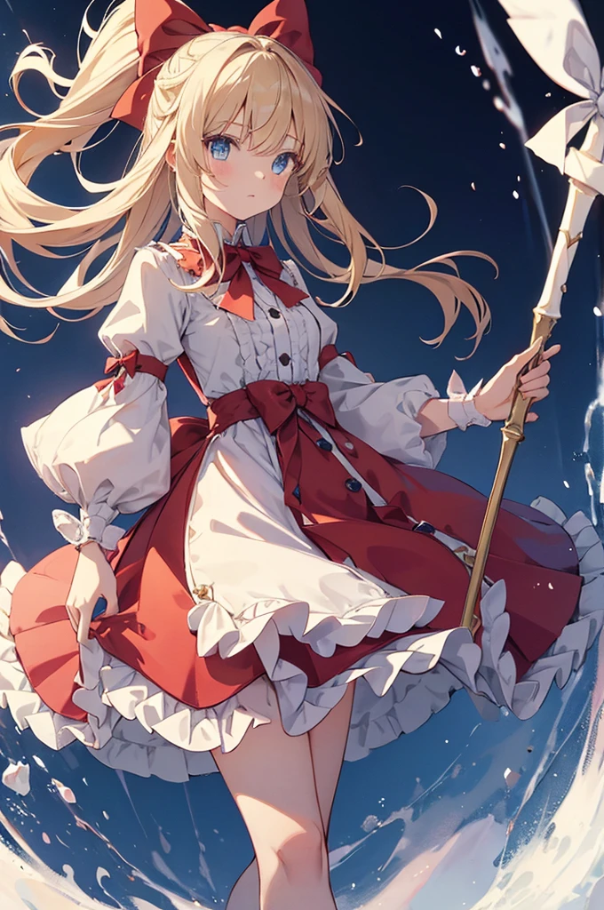 1girl, solo, long hair, bangs, blue eyes, blonde hair, white background, dress, bow, ribbon, holding, full body, weapon, hair bow, frills, holding weapon, frilled dress, staff, red footwear, holding staff