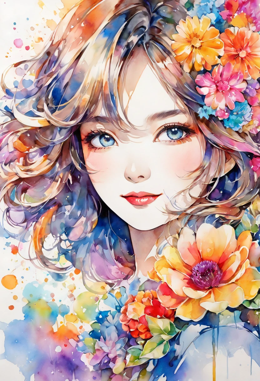 beautiful woman portrait, cute smile, Sylvia Pelissero watercolors, colorful flowers, beautiful eyes,  upper body, abstract art, intense watercolor, watercolor detailed art, watercolor splash, surreal, avant-garde pop art, Beautiful and expressive paintings, Beautiful artwork illustration, very colorful tones, wonderful, cool beauty, highest quality, official art, women only, sharp outline, best shot, vector art, lips in love、 (((The strongest beautiful women of all time))), (((Japanese)))、clear, (((highest quality))), lips in love, HDR, ((Detailed details)), stylish fashion, detailed clothing texture, (((graffiti art))), colorful hair, ((masterpiece))、((Super detailed))