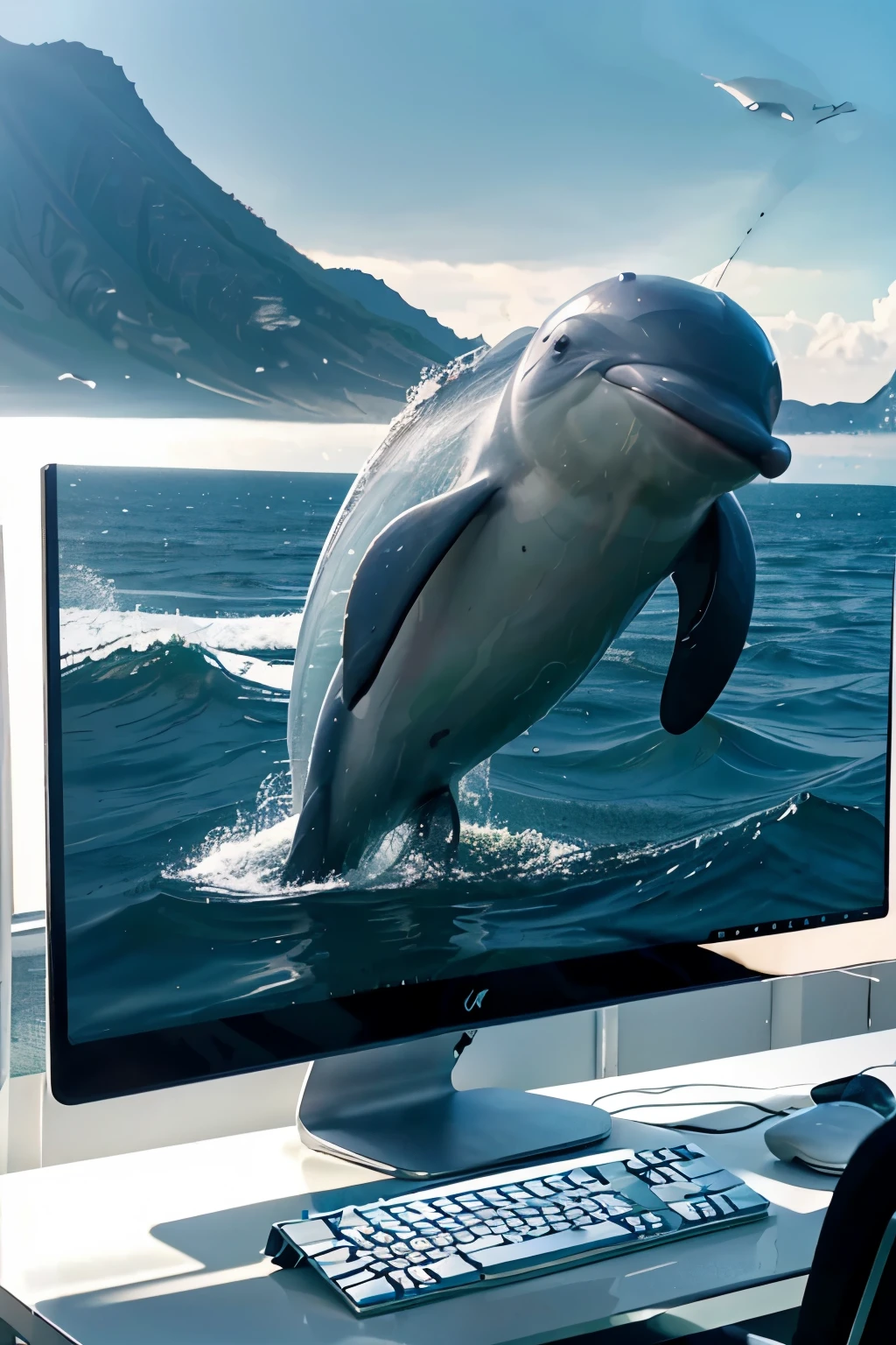 Logo for freelancer. Friendly Dolphin on a computer background. Digital creative. minimalism. photorealism.