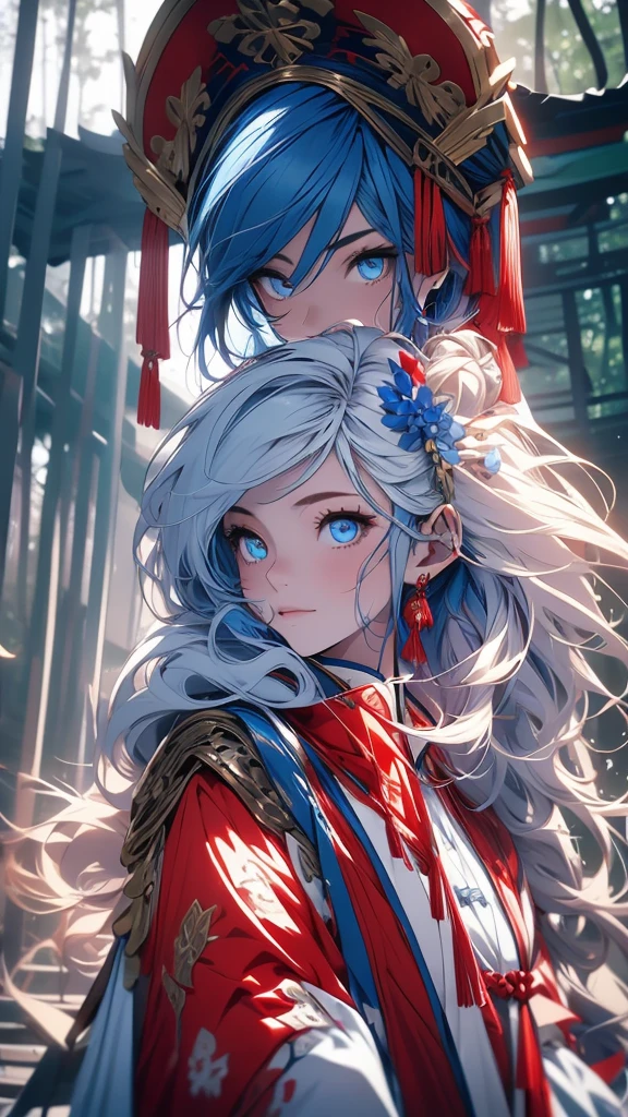 2 young men, without a beard, long blue hair, long red hair, blue eyes, Red eyes, White skin, Blue clothes, red clothes, China, Hanfu, In the woods