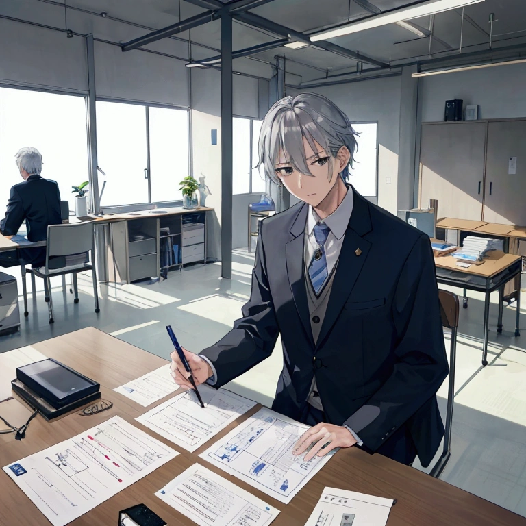 Grey haired old man。Depicts a scene in which Keiichi Tanaka is working closely with a financial advisor to create presentation materials.。Tanaka's desk is spread out with documents and a laptop.、In the background, a whiteboard lists the uniqueness of the company's technology and key points regarding environmental protection.。Tanaka looked at the documents with a serious expression.、The image depicts the team planning their strategy with enthusiasm and confidence.。The sunlight coming through the office window、It symbolizes his determination and hope for the future.。