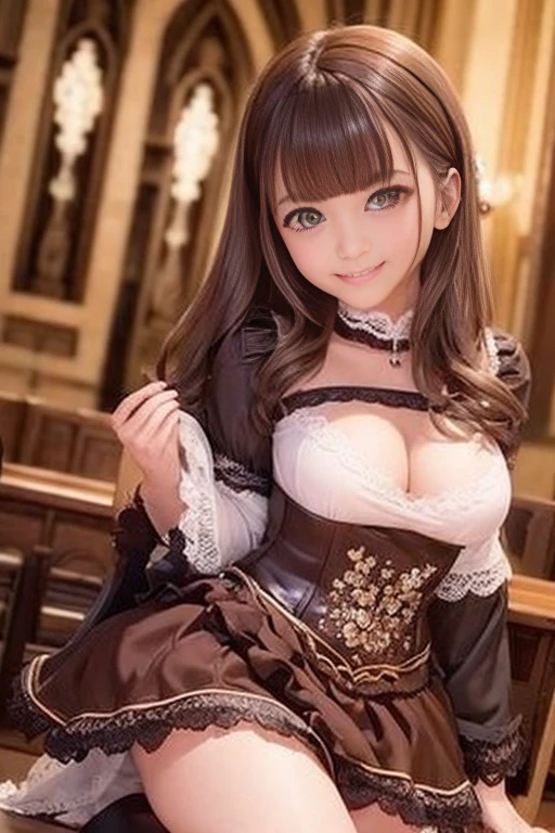 very cute and beautiful girl,(Very detailed美しい顔),
(smile),blush,Black Hair,Cowboy Shot,View your viewers,Kneel,
(Brown ta dress with a floral pattern and fine frills),Fine lace,Skirt Lift,White panties,
altar,church,indoor,
(Highest quality,masterpiece:1.0),Absurd,High resolution,Very detailed,Very detailed,32K,8k resolution,
Intricate details,Movie Scenes,Detailed Background,alone,Dynamic Angle,