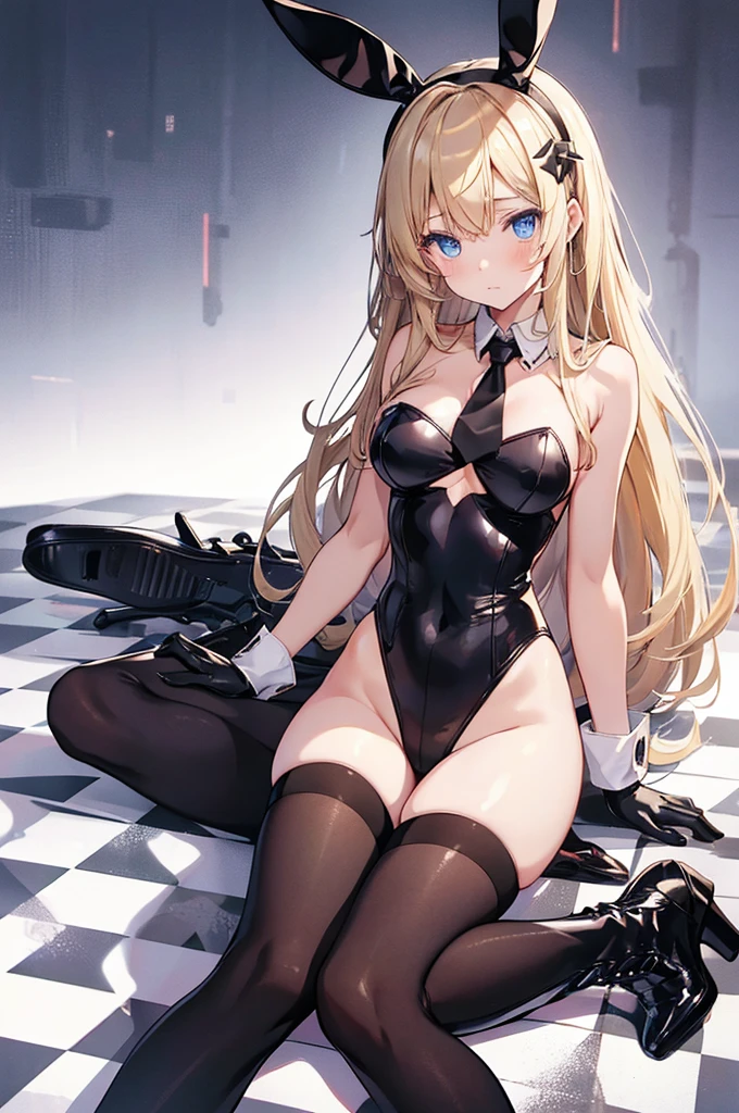 1girl, solo, long hair, breasts, looking at viewer, blue eyes, blonde hair, large breasts, thighhighs, gloves, animal ears, hairband, boots, lying, frills, black thighhighs, white gloves, rabbit ears, high heels, leotard, underboob, fake animal ears, playboy bunny, checkered floor