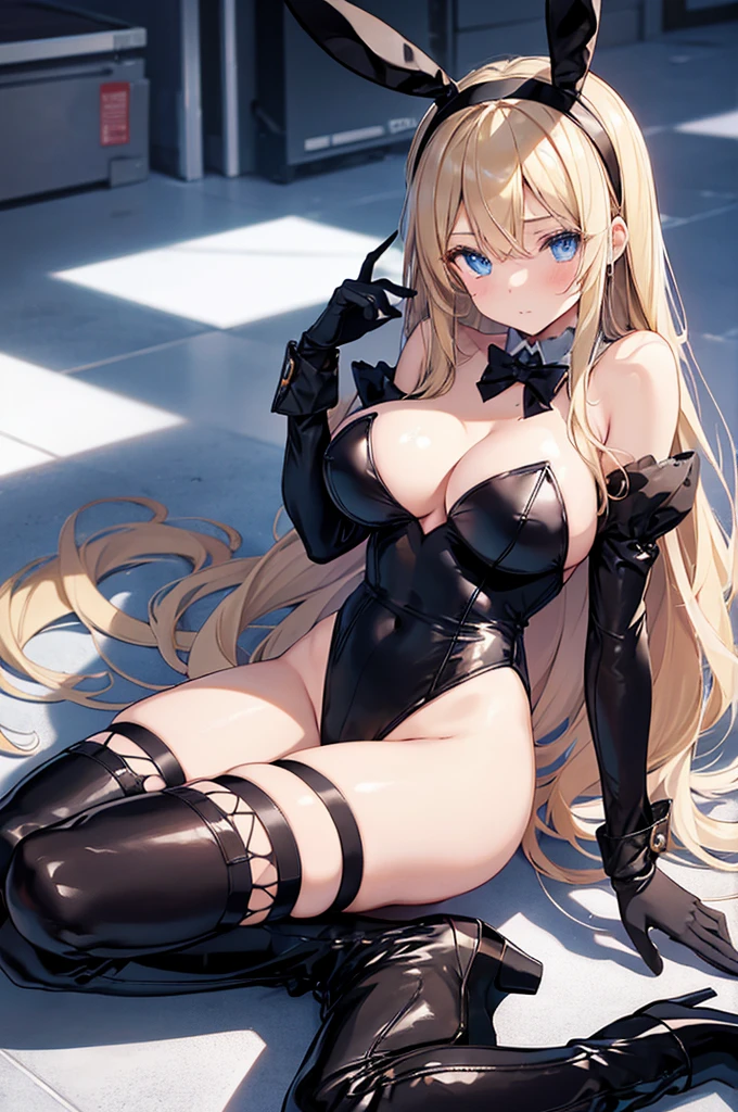 1girl, solo, long hair, breasts, looking at viewer, blue eyes, blonde hair, large breasts, thighhighs, gloves, animal ears, hairband, boots, lying, frills, black thighhighs, white gloves, rabbit ears, high heels, leotard, underboob, fake animal ears, playboy bunny, checkered floor