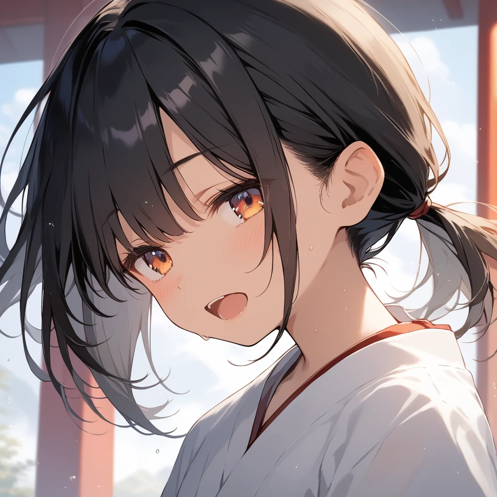 score_9, score_8_up, score_7_up, source_anime, best quality, masterpiece, official art, absurdres, highres, ultra-detailed,waifu2x,Collection: Slice of Life,break,1girl, tomboy, dark-skinned female, short hair, low ponytail, flat chest, beautiful detailed eyes, miko, hakama, sweat, open mouth, (yawn:0.3), sleepily, outdoors, shrine, wind,break,(clear line illustration:1.2), super detailed skin,very high resolution, very aesthetic, Best sexual lighting powered by famous artist, 8k,cute picture,beauty illustration,photoshop_(medium),,(Detailed Lighting),best anime 8k konachan wallpaper, pixiv contest winner,