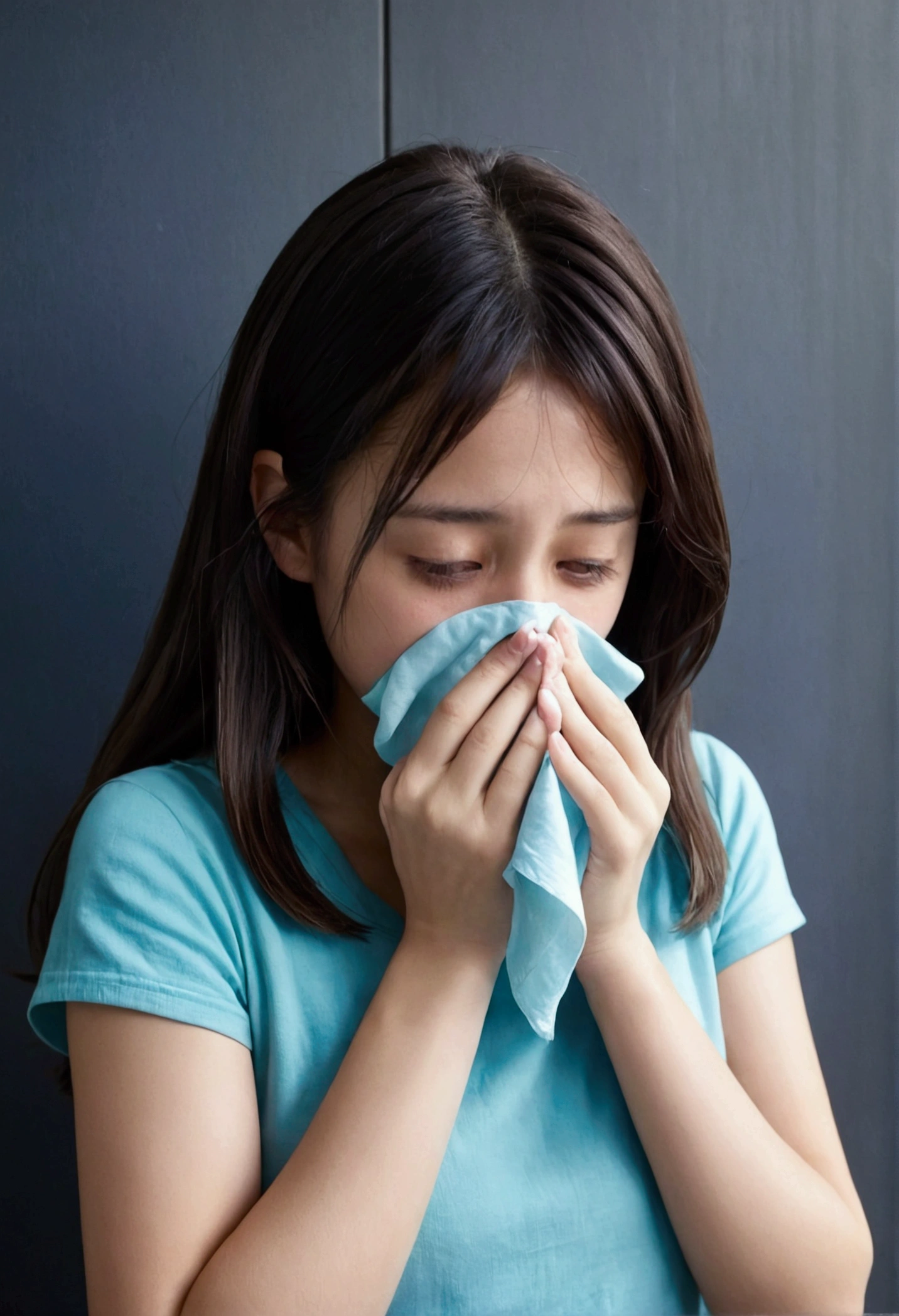 1. girl. a cold. sneeze. snot. handkerchief. blow your nose while standing. Full body.