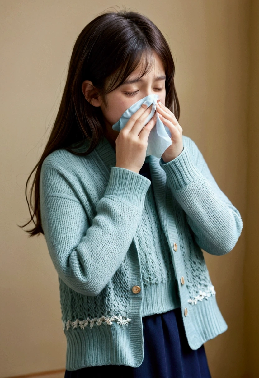 1. girl. a cold. sneeze. snot. handkerchief. blow your nose while standing. Full body.