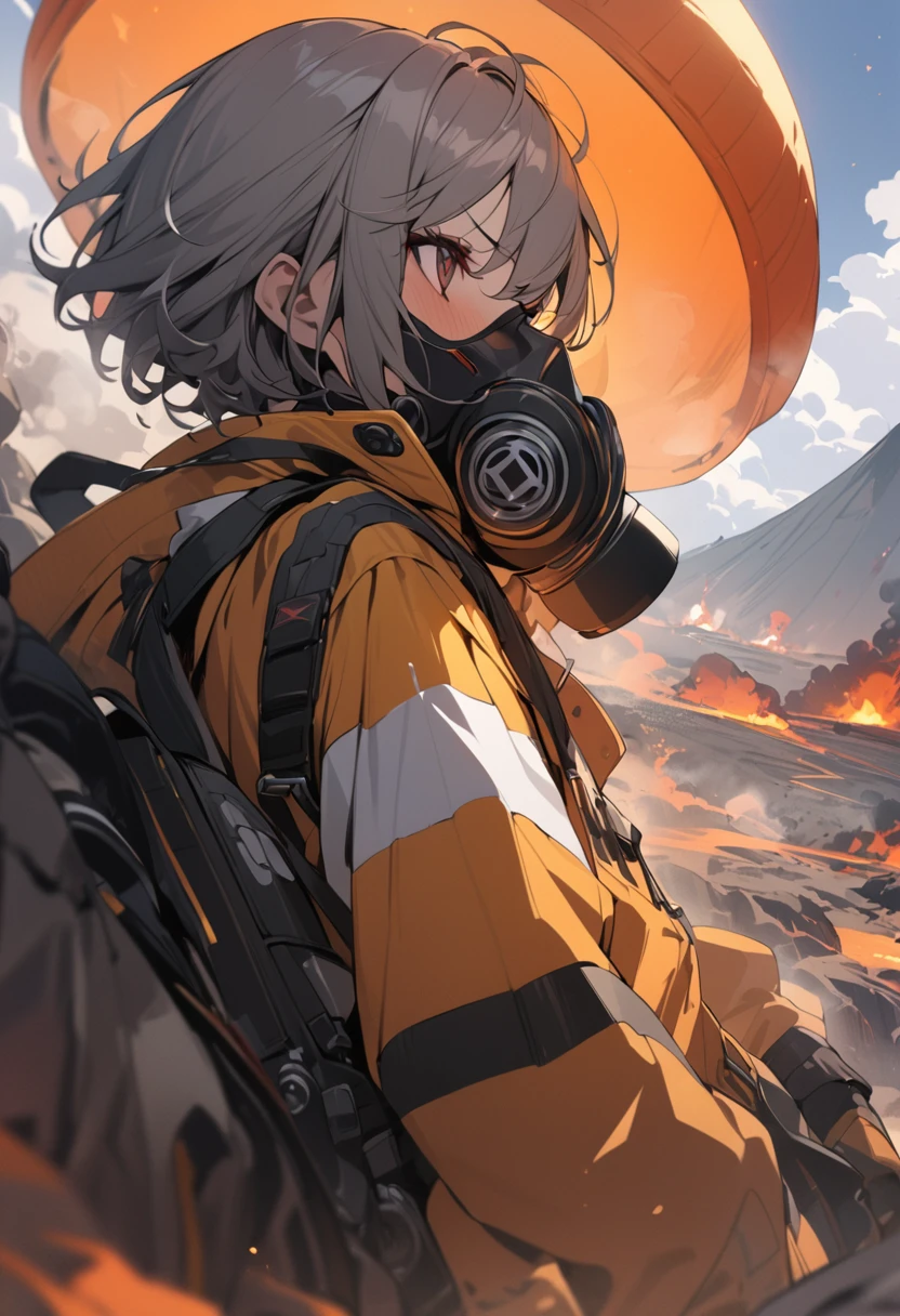 Woman wearing gas mask、Wearing protective clothing。danger zone、Near the volcano、Gas is boiling、((masterpiece,Highest quality)),One girl,Beautiful attention to detail,Short Hair、Dynamic composition