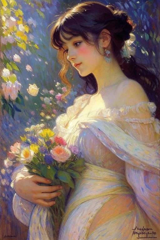 Impressionism, Monet, Abstract painting, Alphonse Mucha, cubism, Expressionism, Pointillism, Gentle colors, Soft Light,