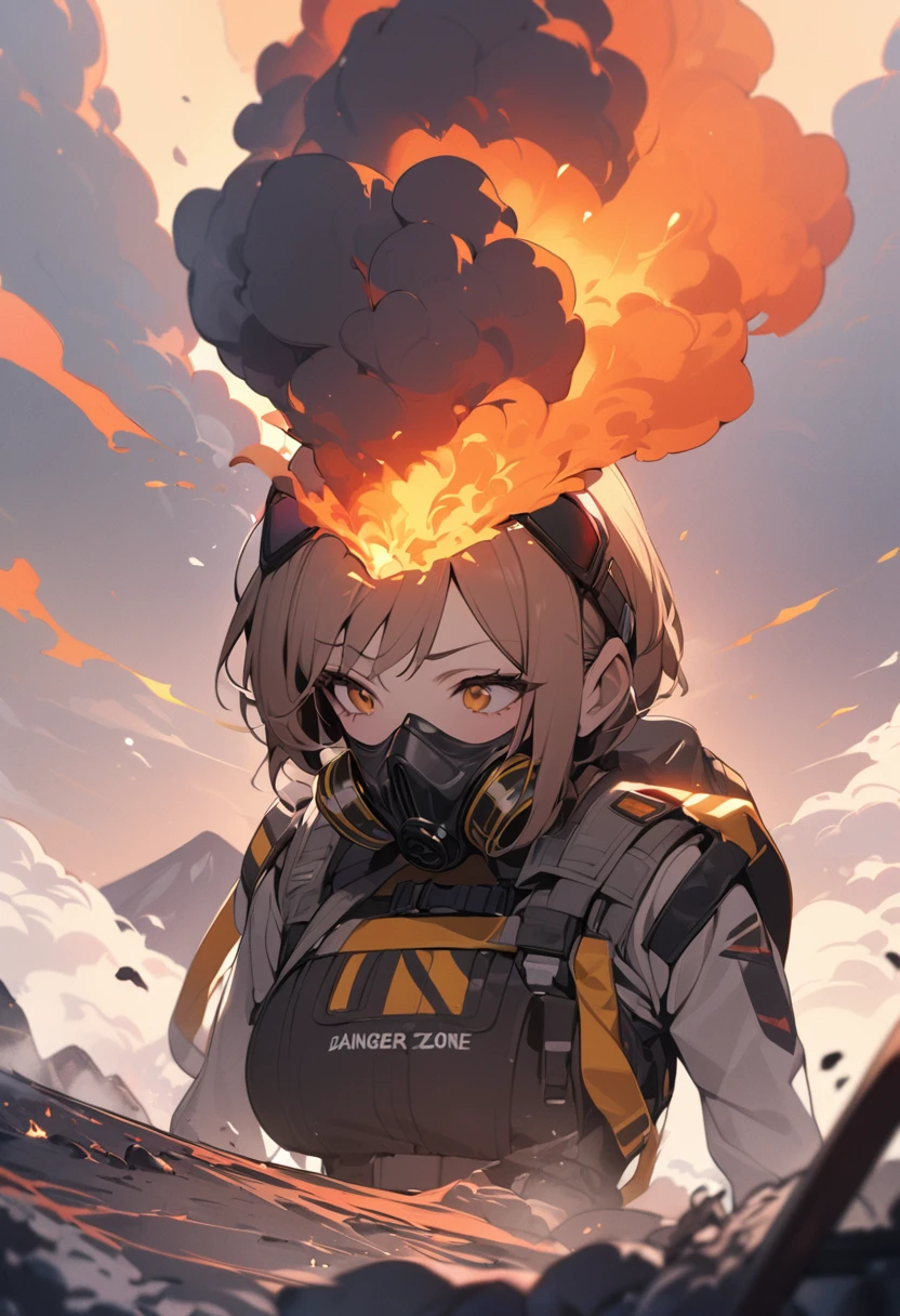 Woman wearing gas mask、Wearing protective clothing。danger zone、Near the volcano、Gas is boiling、((masterpiece,Highest quality)),One girl,Beautiful attention to detail,Short Hair、Dynamic composition
