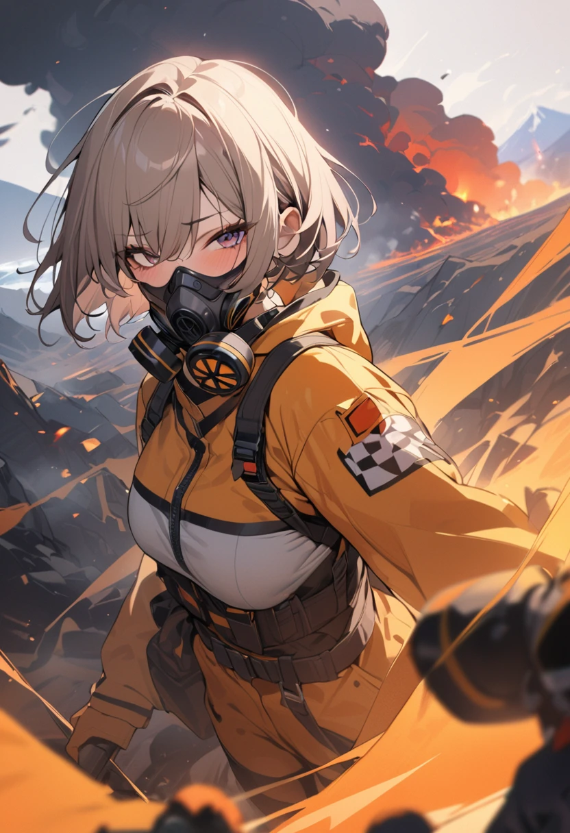 Woman wearing gas mask、Wearing protective clothing。danger zone、Near the volcano、Gas is boiling、((masterpiece,Highest quality)),One girl,Beautiful attention to detail,Short Hair、Dynamic composition