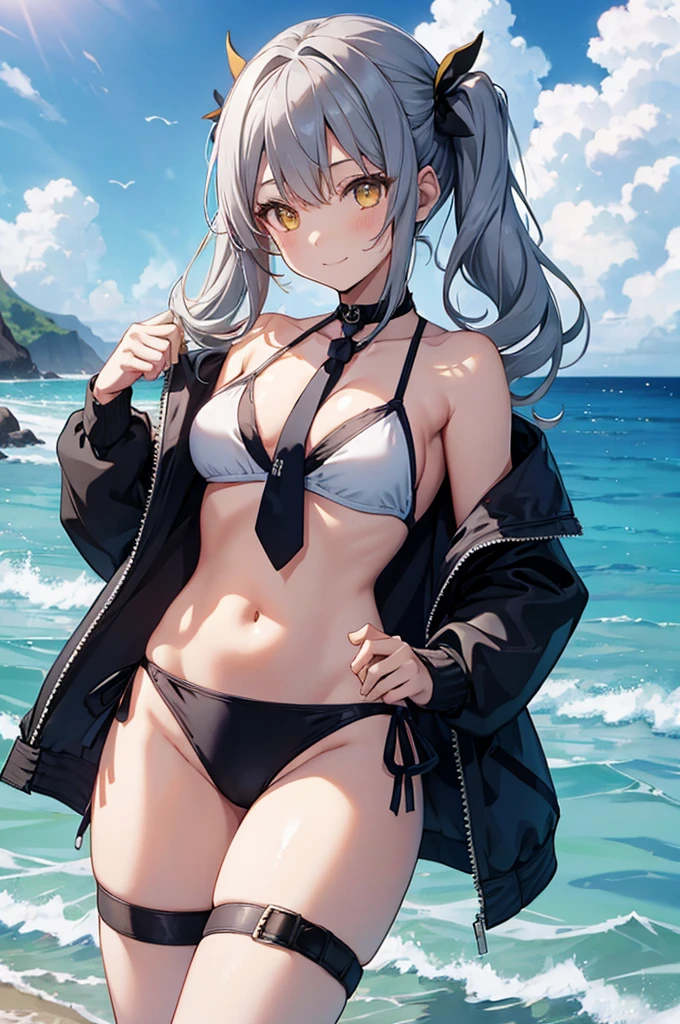1girl, solo, long hair, breasts, looking at viewer, smile, bangs, hair ornament, navel, twintails, closed mouth, jacket, swimsuit, yellow eyes, grey hair, bikini, cowboy shot, small breasts, outdoors, open clothes, necktie, sky, choker, day, cloud, off shoulder, blue sky, thigh strap, black bikini, ocean, beach, white jacket, innertube, multi-strapped bikini