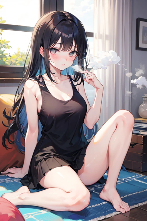 ((Highest quality)), ((masterpiece)), (detailed), Natural light,One Woman,16 year old pretty woman,Very sexy,Baby Face,young woman,Big ,Large Breasts,
Beautiful woman,Small face,Beautiful Face,Big eyes,Beautiful Eyes,Beautiful double eyelids,Beautiful teeth alignment,Beautiful body lines,Slender body,Beautiful Hands,Beautiful feet,Long hands,Long legs,Long and supple hair,Shiny Hair,Black Hair,Full Body Shot,Embarrassed expression,blush,Crying face,Mouth half open,Beautiful shoulders,Beautiful clavicle、Sitting,Sitting cross-legged,(Sweat),((Steam 1.4)),Embarrassed expression,blush,humiliation,((White Tank Top 1.5)),Wide-open chest,Shoulder out,Beautiful shoulders,Beautiful clavicle,(((Valley 1.9))),mini skirt,Proudly,