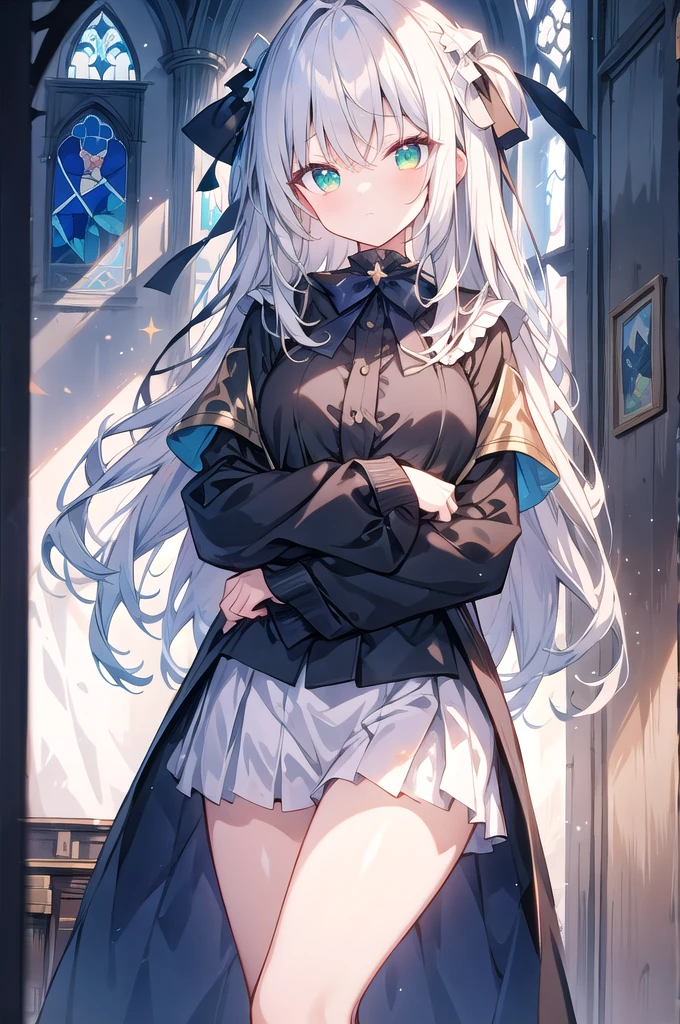 Black Hair Girl, A holy knight in a white robe, (Black and white robes and armor), Emerald Eyes, A church where light shines in, (Stained glass behind:0.9), hair two side up, depth of field, cinematic lighting, sparkle, f/2.8, 35mm, anime, anime style, UHD, high details, best quality, highres, textured skin, 4K