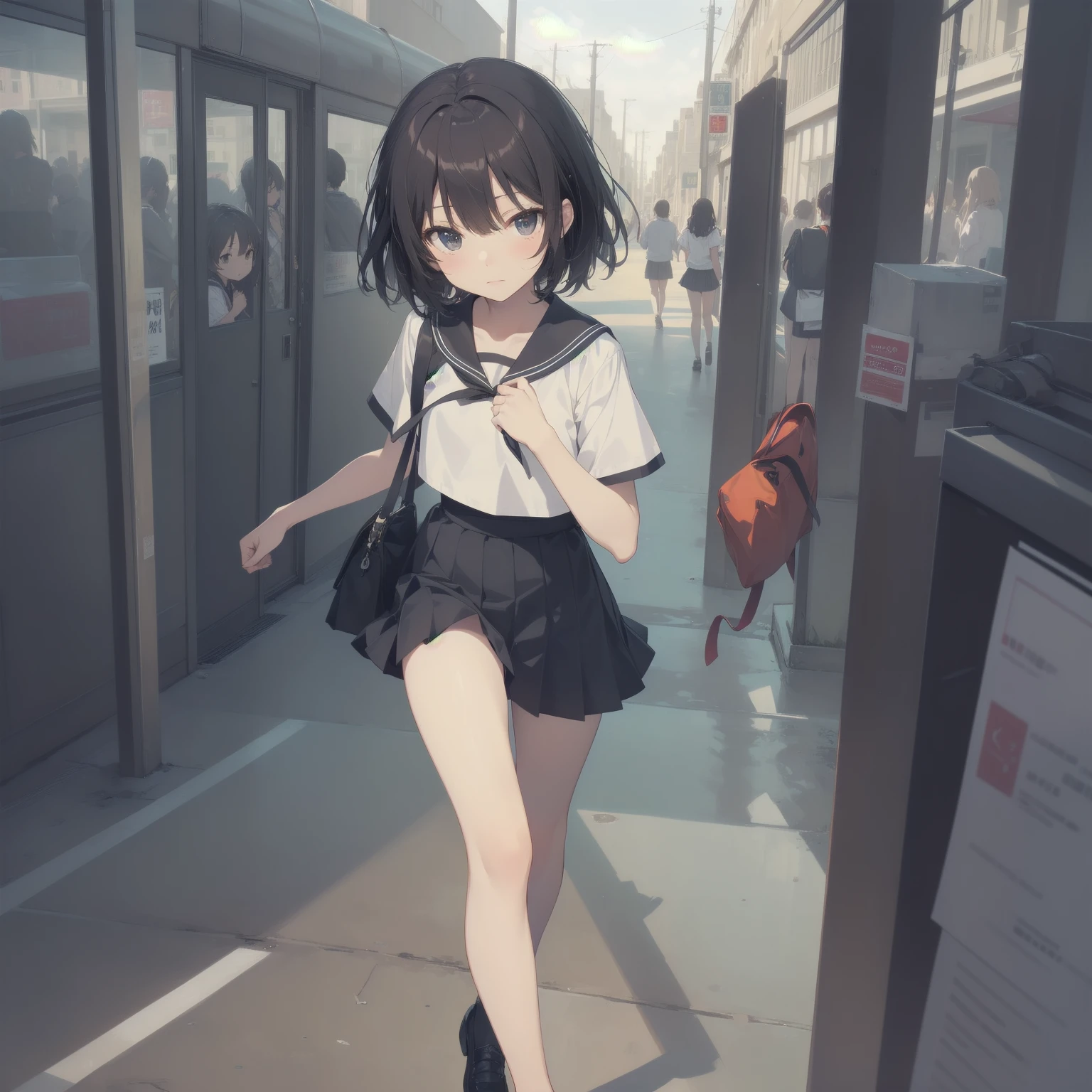 ultra-absurdres-Top quality by artist God, ultra-detailed, high resolution, anime moe artstyle, best anime 8k konachan wallpaper, pixiv contest winner, pool:2810, perfect anatomy,break, 1girl, (Please draw a girl walking sleepily to school alone. )break,(Solo,little female, 13-year-old:1.3),Full limbs, complete fingers,a junior high school student, (very short hair), short cut, flat chest, , small butt, small black eyes, beautiful detailed eyes, well-proportioned iris and pupils, expressive eyes, highres detailed hair, soft expression, salor school_uniform, sailor collar, serahuku, bow, pleated skirt,(Detailed Lighting), (Detailed background), in the School commute route. break,super detailed skin, Best cinematic lighting powered by famous artist, 8k,beauty illustration,photoshop_(medium),very aesthetic,break,((artist:kotorai )), artist:clamp ,artist:carnelian ,artist:kantoku ,