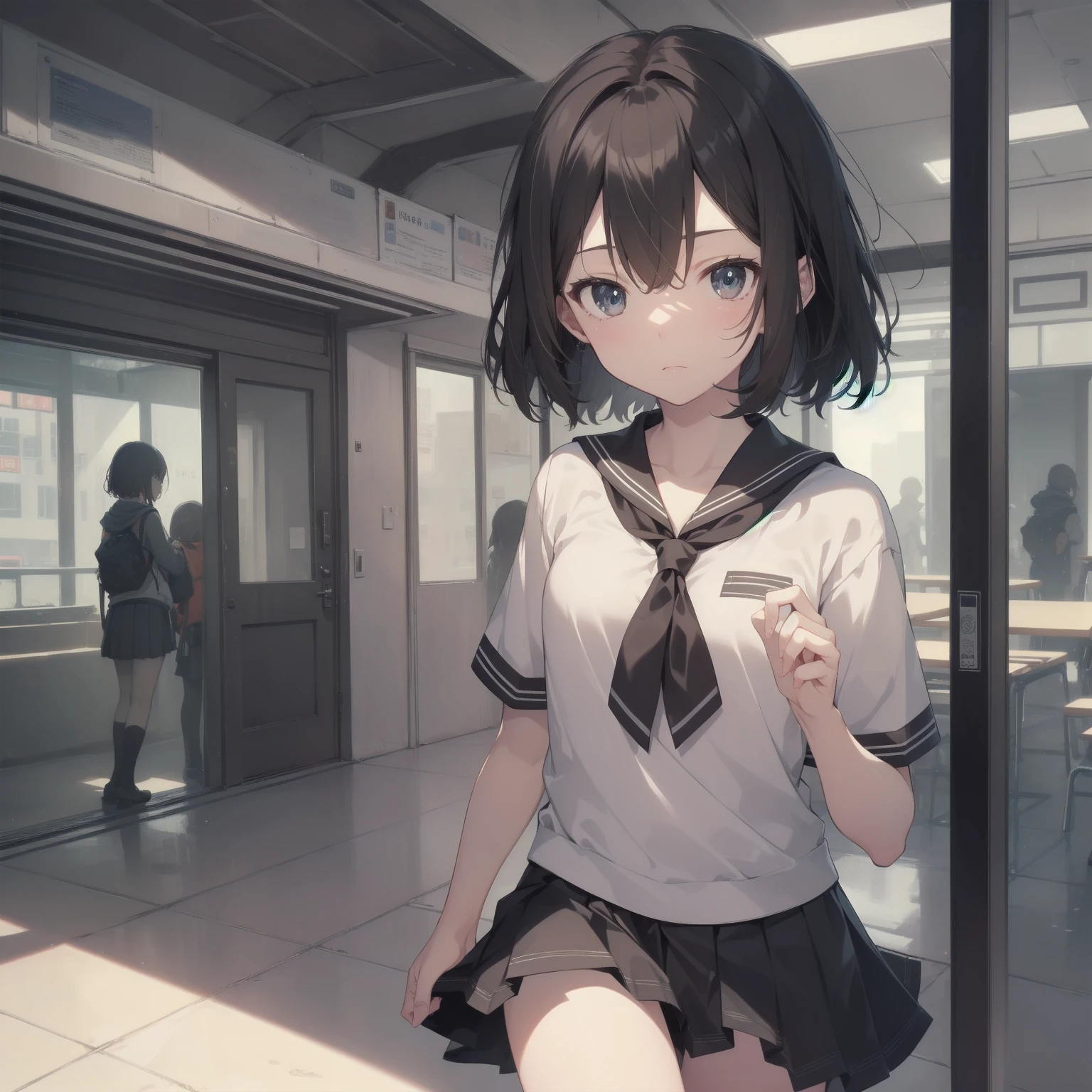 ultra-absurdres-Top quality by artist God, ultra-detailed, high resolution, anime moe artstyle, best anime 8k konachan wallpaper, pixiv contest winner, pool:2810, perfect anatomy,break, 1girl, (Please draw a girl walking sleepily to school alone. )break,(Solo,little female, 13-year-old:1.3),Full limbs, complete fingers,a junior high school student, (very short hair), short cut, flat chest, , small butt, small black eyes, beautiful detailed eyes, well-proportioned iris and pupils, expressive eyes, highres detailed hair, soft expression, salor school_uniform, sailor collar, serahuku, bow, pleated skirt,(Detailed Lighting), (Detailed background), in the School commute route. break,super detailed skin, Best cinematic lighting powered by famous artist, 8k,beauty illustration,photoshop_(medium),very aesthetic,break,((artist:kotorai )), artist:clamp ,artist:carnelian ,artist:kantoku ,