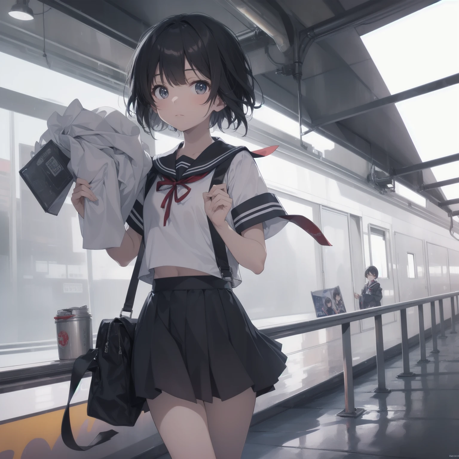 ultra-absurdres-Top quality by artist God, ultra-detailed, high resolution, anime moe artstyle, best anime 8k konachan wallpaper, pixiv contest winner, pool:2810, perfect anatomy,break, 1girl, (Please draw a girl walking sleepily to school alone. )break,(Solo,little female, 13-year-old:1.3),Full limbs, complete fingers,a junior high school student, (very short hair), short cut, flat chest, , small butt, small black eyes, beautiful detailed eyes, well-proportioned iris and pupils, expressive eyes, highres detailed hair, soft expression, salor school_uniform, sailor collar, serahuku, bow, pleated skirt,(Detailed Lighting), (Detailed background), in the School commute route. break,super detailed skin, Best cinematic lighting powered by famous artist, 8k,beauty illustration,photoshop_(medium),very aesthetic,break,((artist:kotorai )), artist:clamp ,artist:carnelian ,artist:kantoku ,