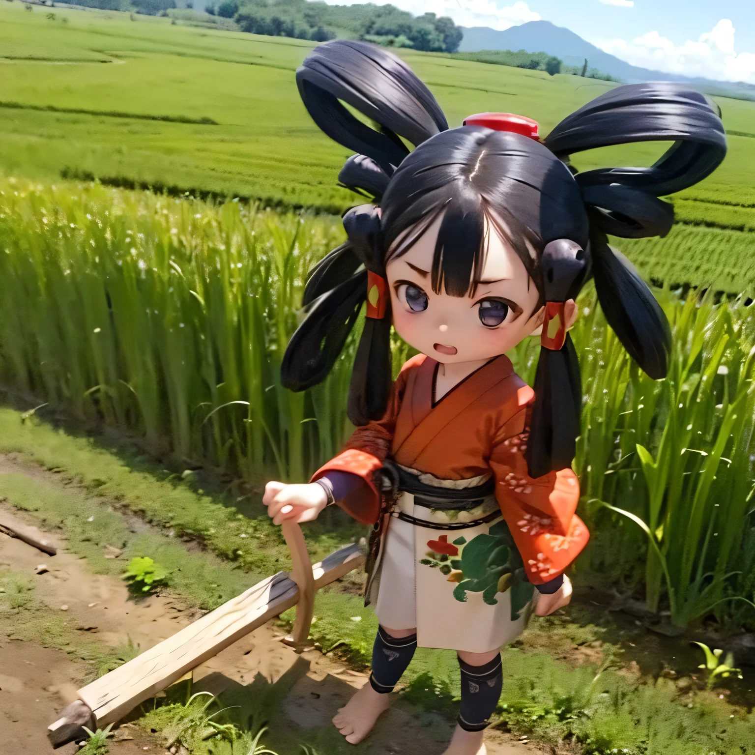 Sakunahime rice field Japanese mythology god clothing、Farm work、barefoot